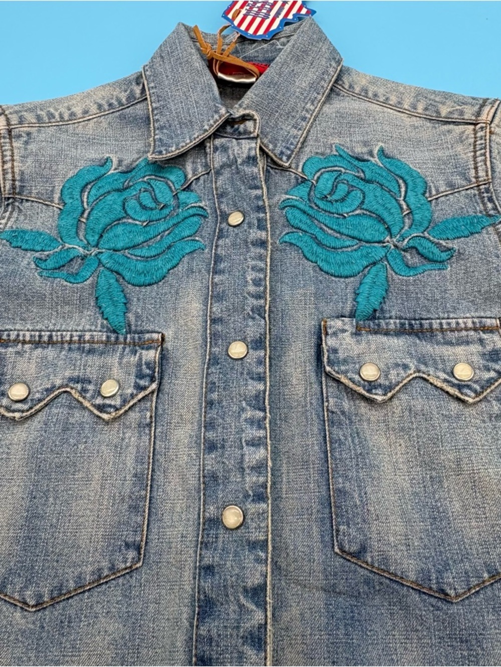 Western Denim Bank Floral Embroidered Denim Shirt - Teal Roses & Sequins Size XS